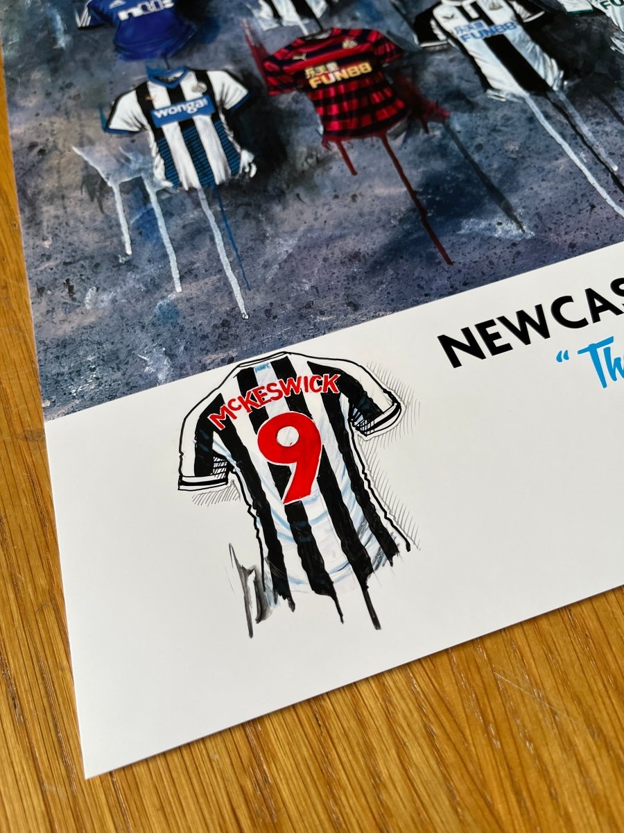 Personalised football prints by Terry Kneeshaw, with a name and number added to a shirt of your choice, hand-painted in the bottom left corner of the print.