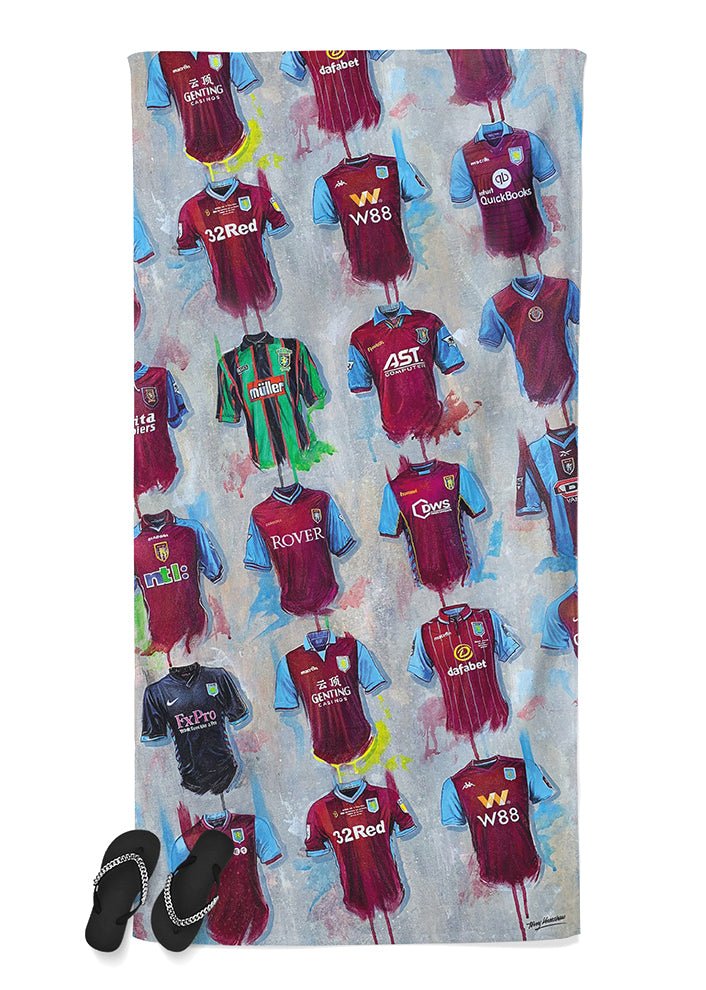 Aston Villa Shirts - A Villan's Collection Beach Towel - Terry Kneeshaw Art