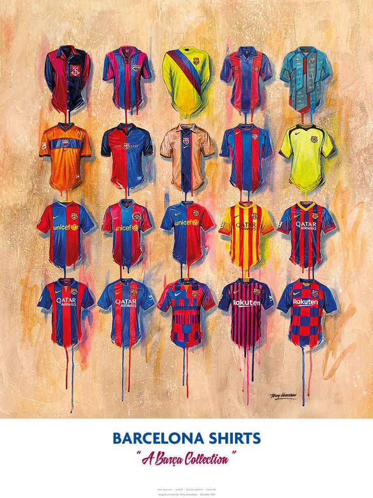 Barcelona FC Shirts - A2 Signed Limited Edition Prints - Terry Kneeshaw Art