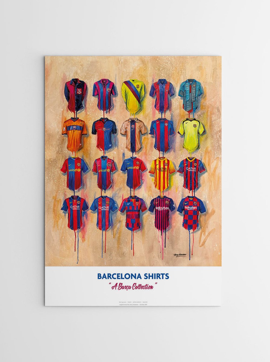 Barcelona FC Shirts - A2 Signed Limited Edition Prints - Terry Kneeshaw Art