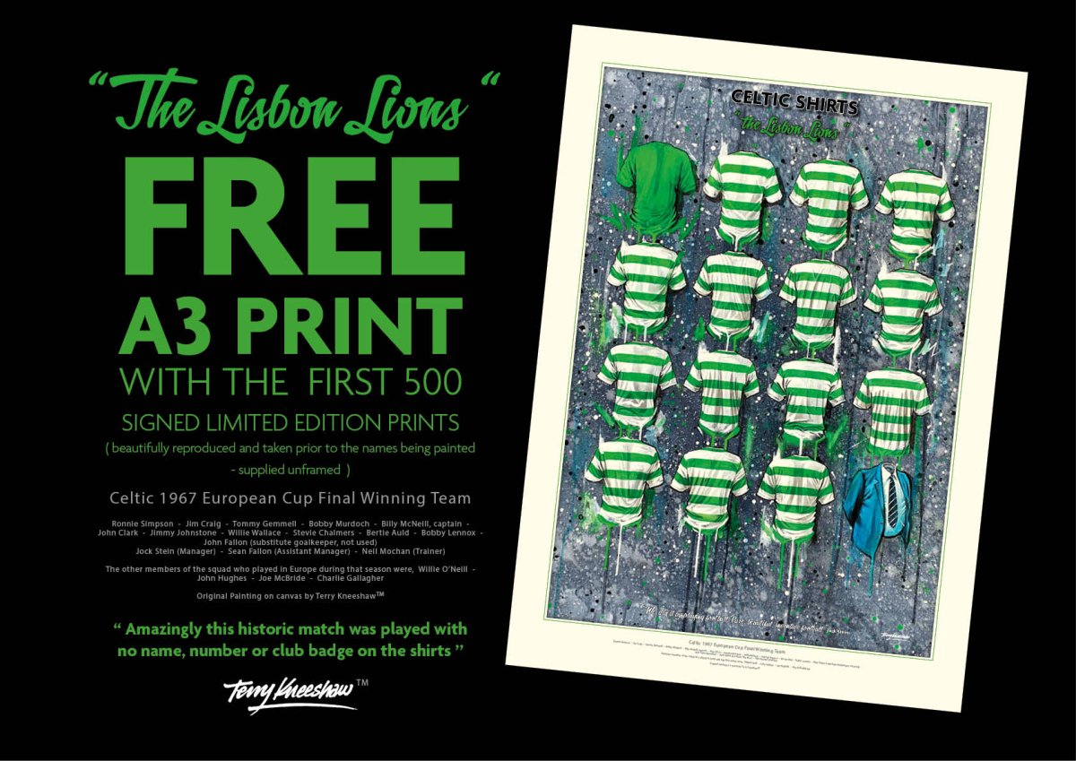 Celtic FC 'The Lisbon Lions' Shirts - A2 Signed Limited Edition Personalised Prints - Terry Kneeshaw Art