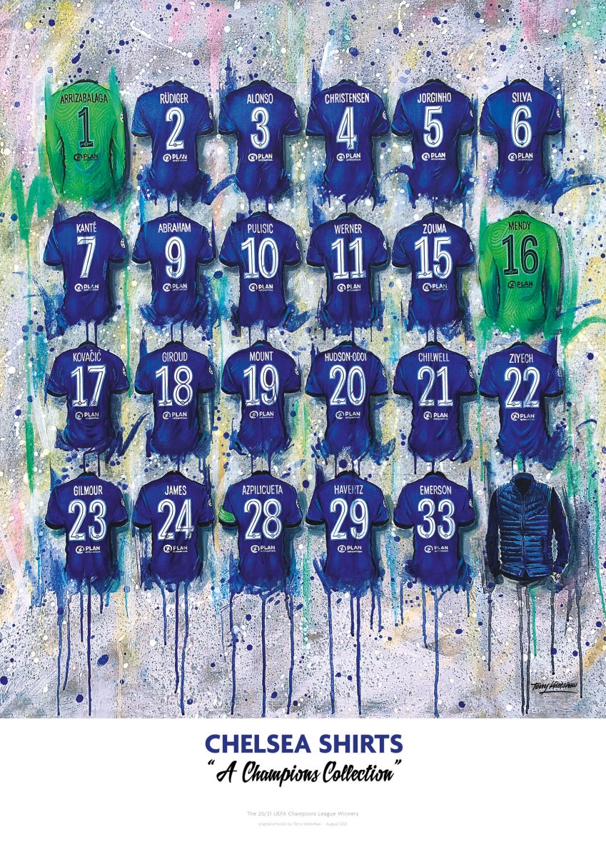 Chelsea Champions Shirts - A2 Signed Limited Edition Print - Terry Kneeshaw Art