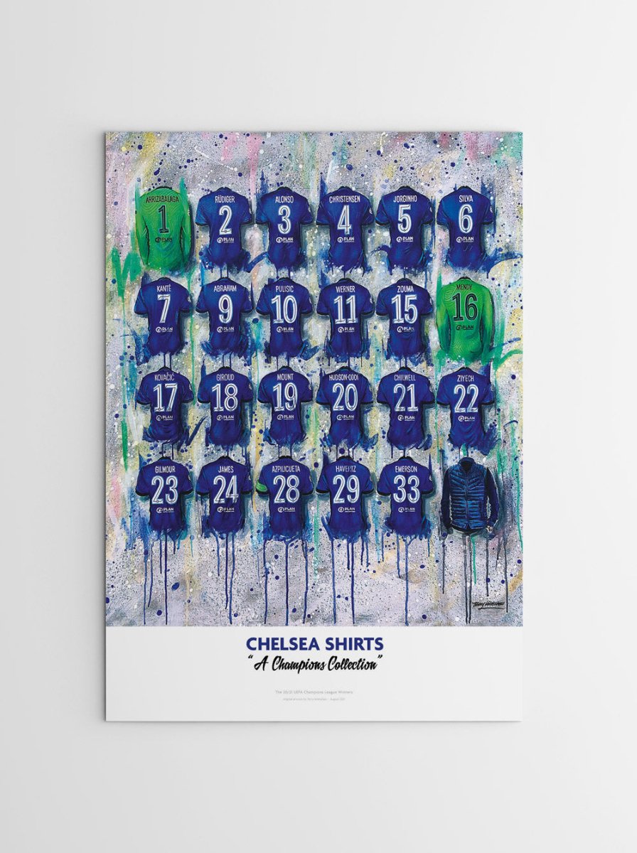 Chelsea Champions Shirts - A2 Signed Limited Edition Print - Terry Kneeshaw Art