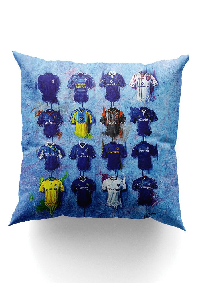 Chelsea Shirts - A Blues Collection Cushion - Terry Kneeshaw Art