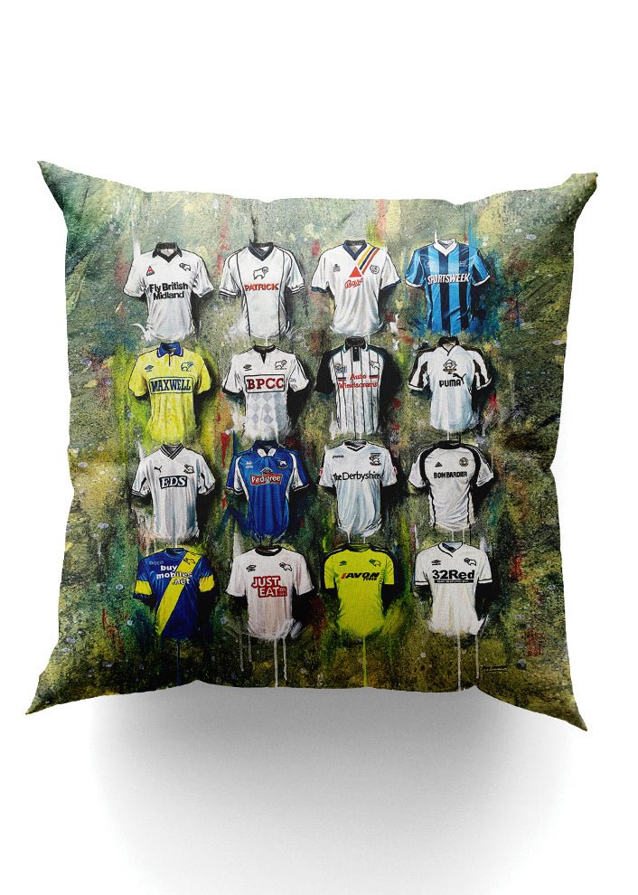 Derby County Shirts - A Rams Collection Cushion - Terry Kneeshaw Art