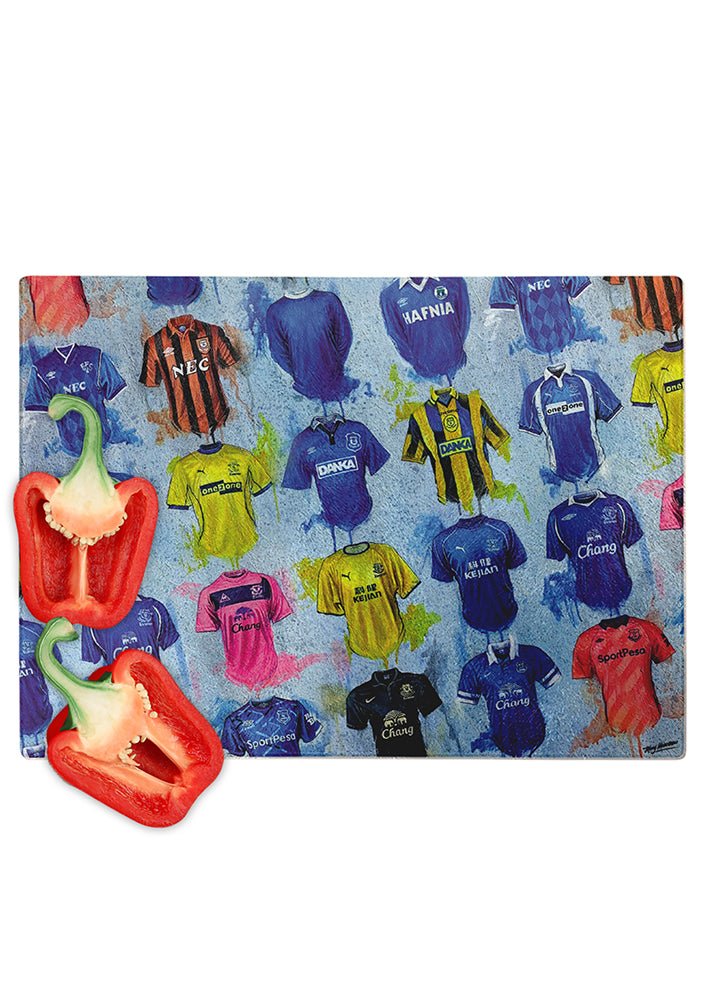 Everton FC Shirts - A Toffee's Collection Chopping Board - Terry Kneeshaw Art