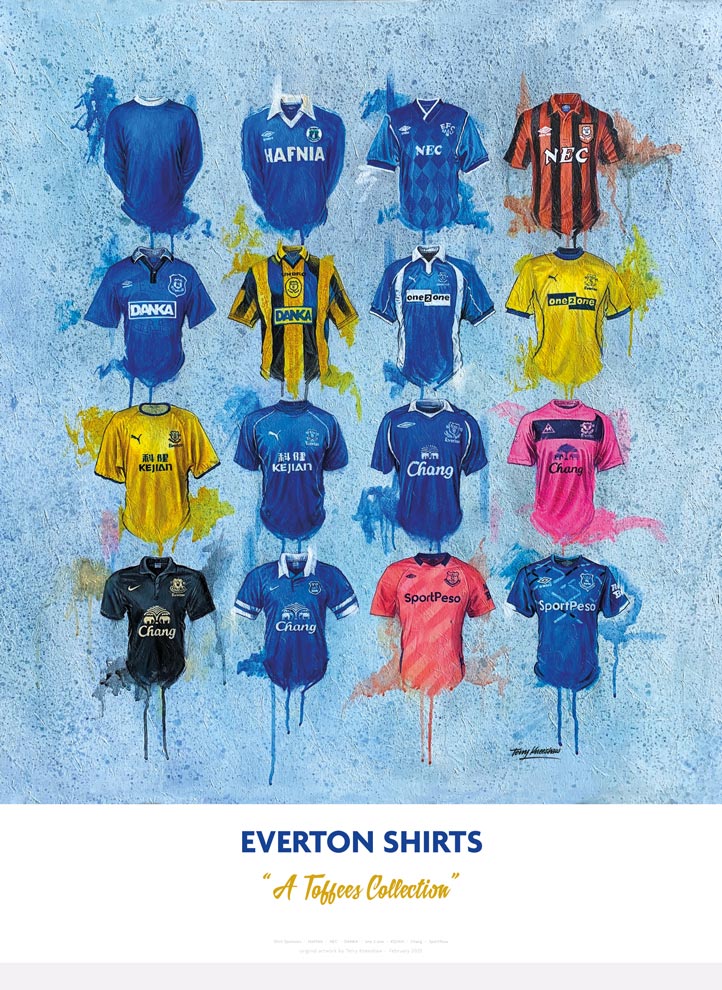 Everton FC Shirts - A2 Signed Limited Edition Prints - Terry Kneeshaw Art