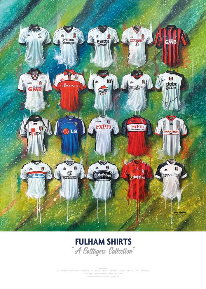 Fulham FC Shirts - A2 Signed Limited Edition Print - Terry Kneeshaw Art