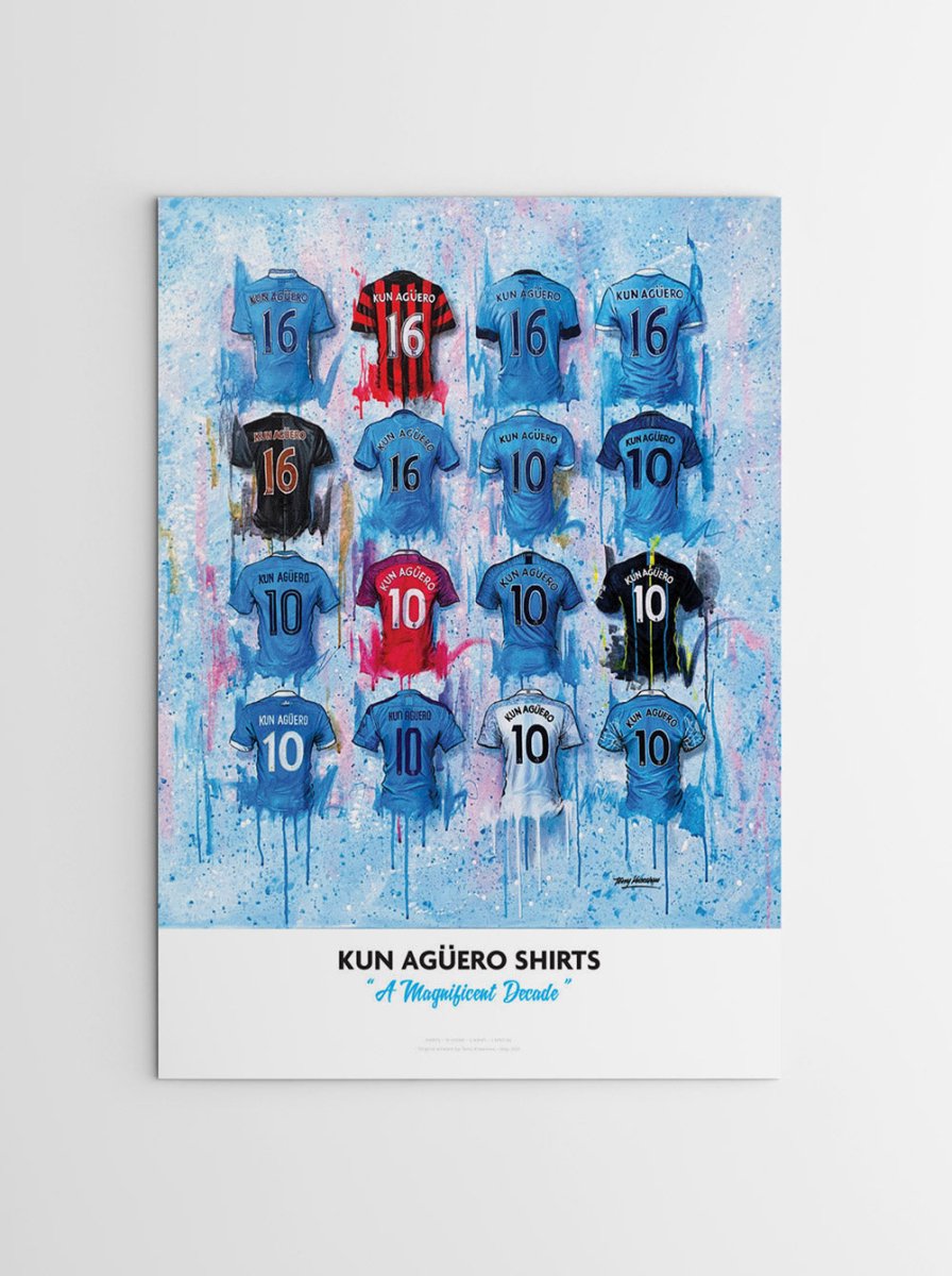 Kun Agüero Shirts - A2 Signed Limited Edition Personalised Prints - Terry Kneeshaw Art