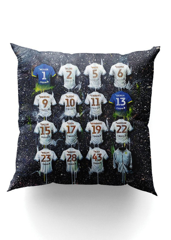 Leeds Shirts - A Champions Collection Cushion - Terry Kneeshaw Art