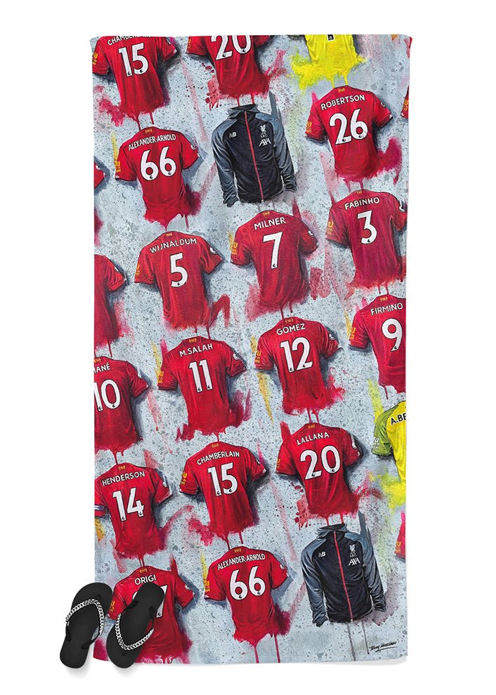 Liverpool Shirts - A Champions Collection Beach Towel - Terry Kneeshaw Art