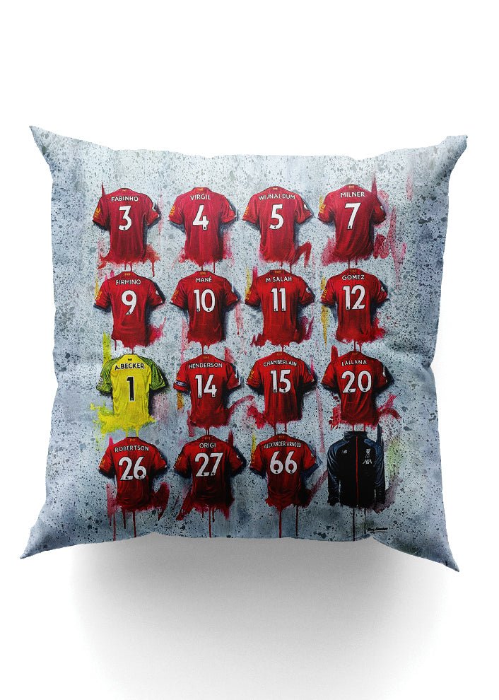 Liverpool Shirts - A Champions Collection Cushion - Terry Kneeshaw Art