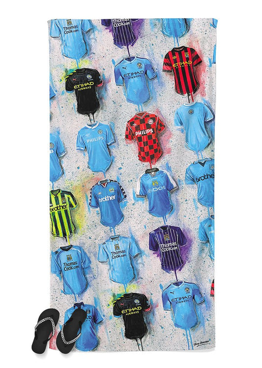 Man City Shirts - A Sky Blue Collection Beach Towel - Terry Kneeshaw Art