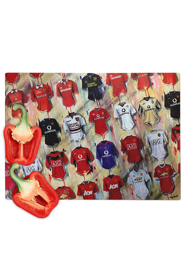 Man United FC Shirts - A Red Devil's Collection Chopping Board - Terry Kneeshaw Art