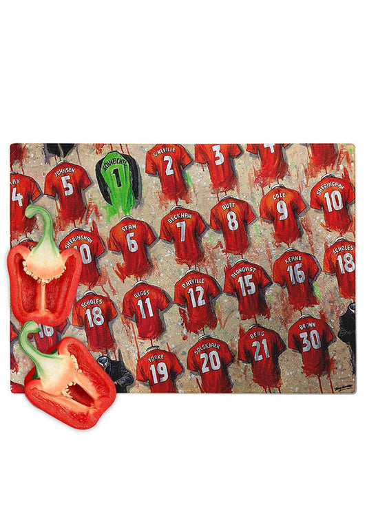 Man United FC Shirts - A Treble Winner's Collection Chopping Board - Terry Kneeshaw Art