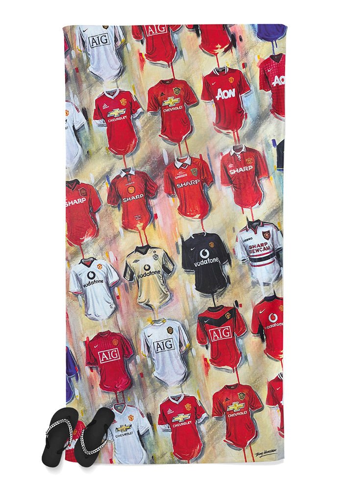 Man United Shirts - A Red Devils Collection Beach Towel - Terry Kneeshaw Art