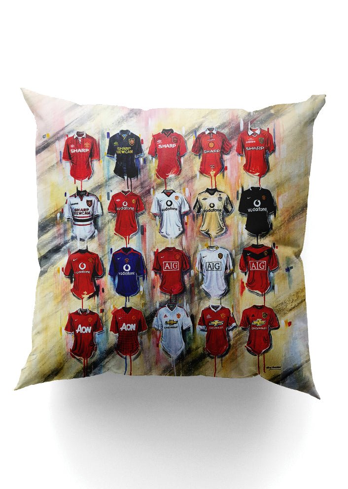 Man United Shirts - A Red Devils Collection Cushion - Terry Kneeshaw Art