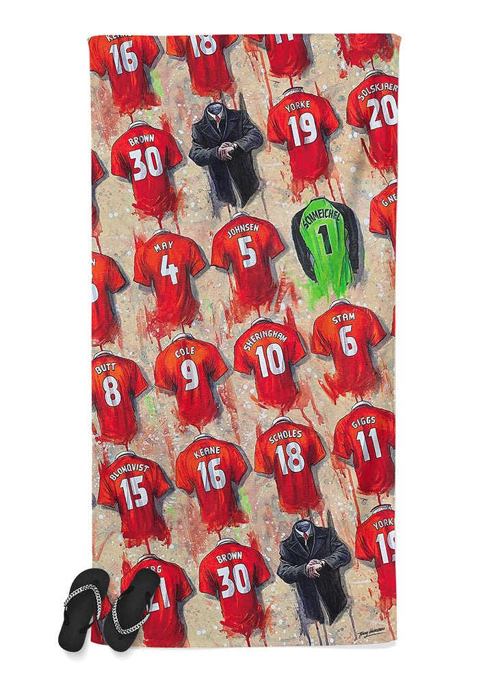 Man United Shirts - A Treble Winners Collection Beach Towel - Terry Kneeshaw Art