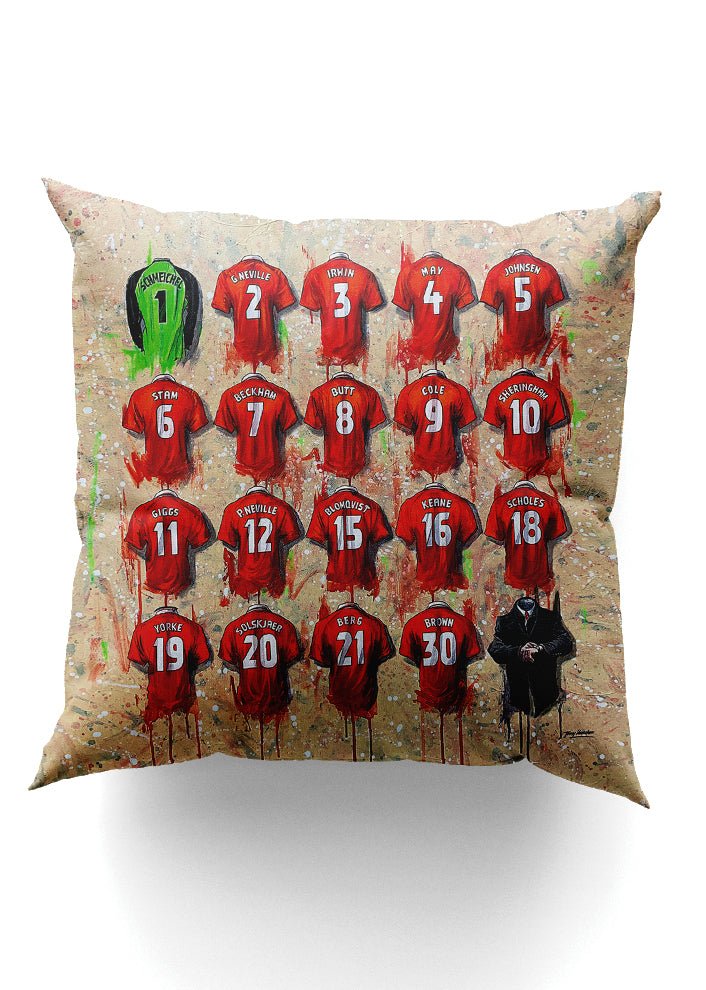 Man United Shirts - A Treble Winners Collection Cushion - Terry Kneeshaw Art