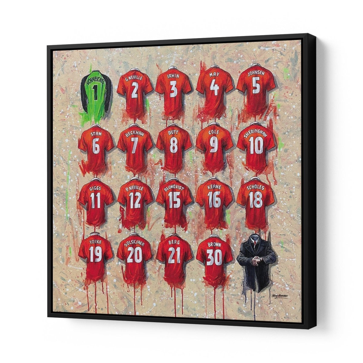 Man United Shirts Treble Winners 30x30 Canvas - Terry Kneeshaw Art