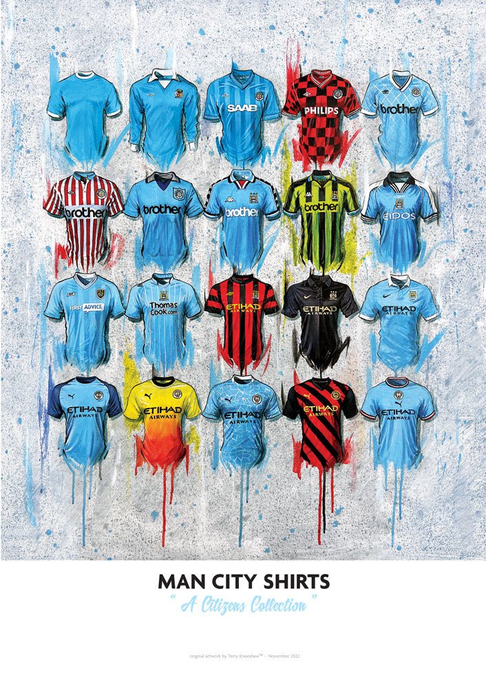 Manchester City FC 2022 Shirts Signed Limited Edition A2 Personalised Prints - Terry Kneeshaw Art