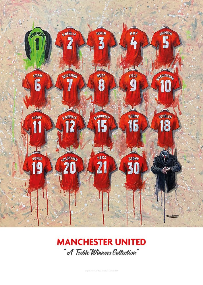 Manchester United FC Treble Winners - A2 Signed Limited Edition Prints - Terry Kneeshaw Art