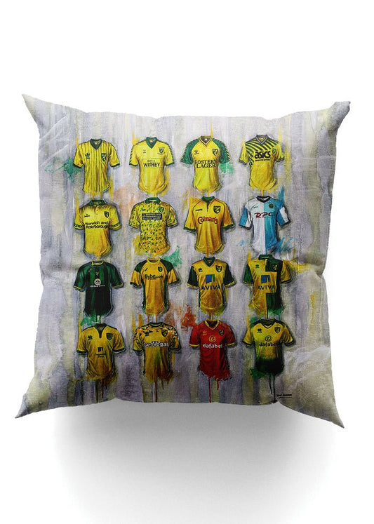 Norwich Shirts - A Canaries Collection Cushion - Terry Kneeshaw Art