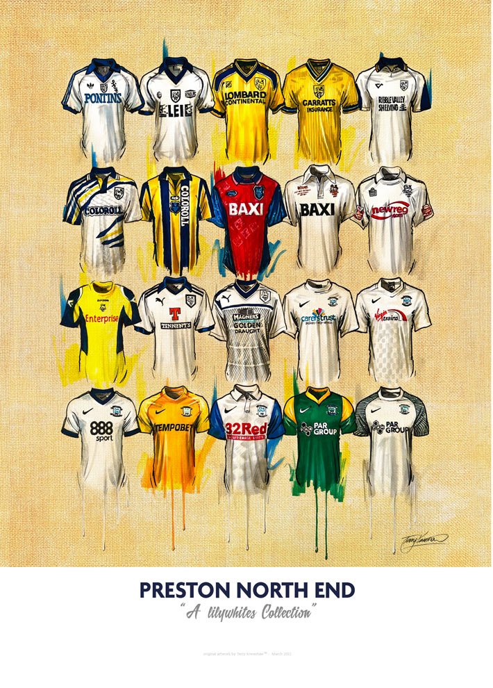 Preston North End FC Shirts - A2 Signed Limited Edition Personalised Prints - Terry Kneeshaw Art