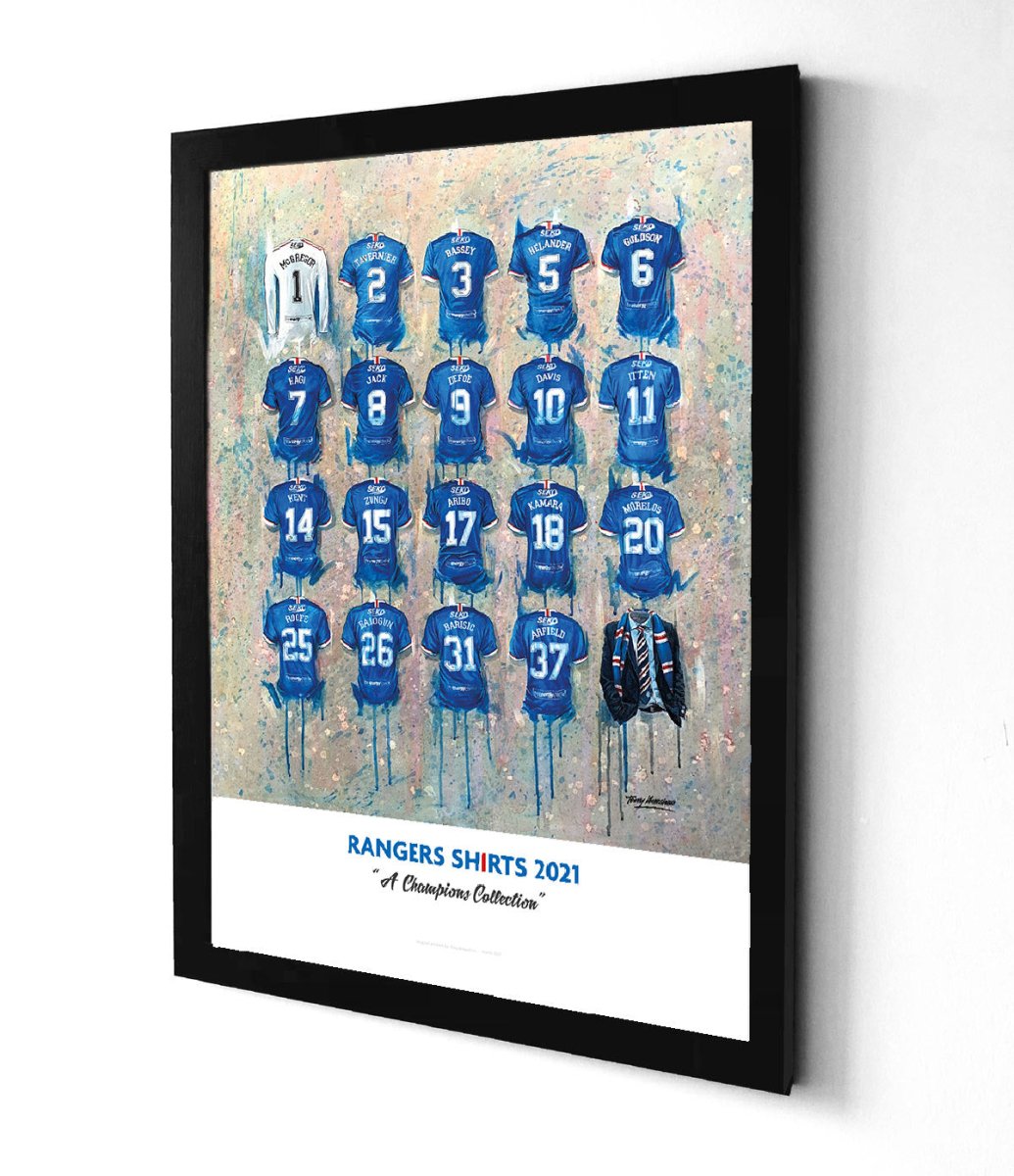 Rangers FC Champions Shirts - A2 Signed Limited Edition Personalised Prints - Terry Kneeshaw Art