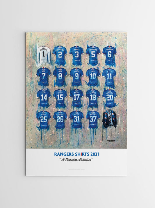 Rangers FC Champions Shirts - A2 Signed Limited Edition Personalised Prints - Terry Kneeshaw Art