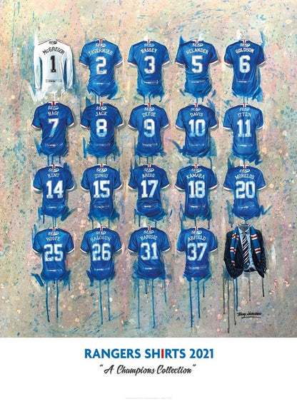 Rangers FC Champions Shirts - A2 Signed Limited Edition Prints - Terry Kneeshaw Art