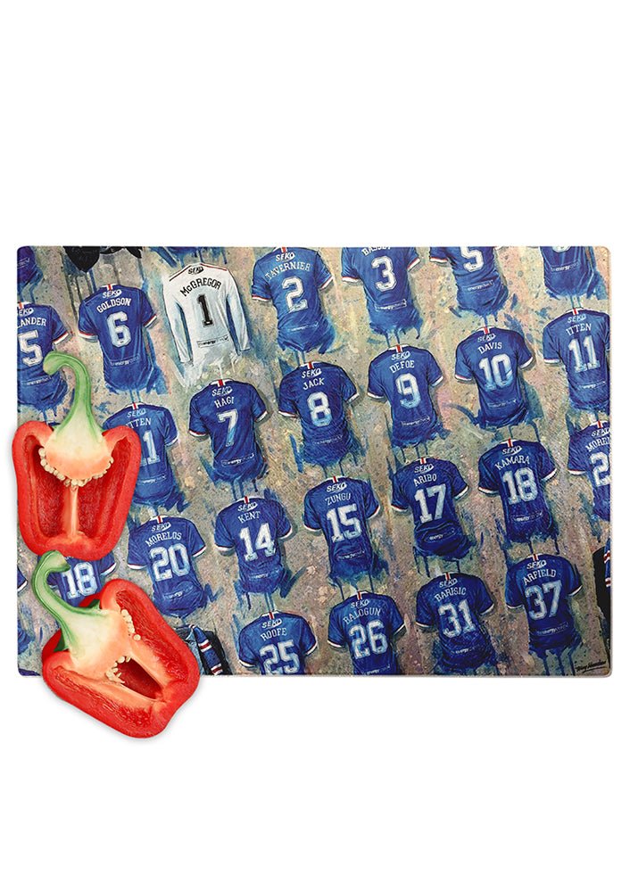 Rangers FC Shirts - A Champions Collection Chopping Board - Terry Kneeshaw Art