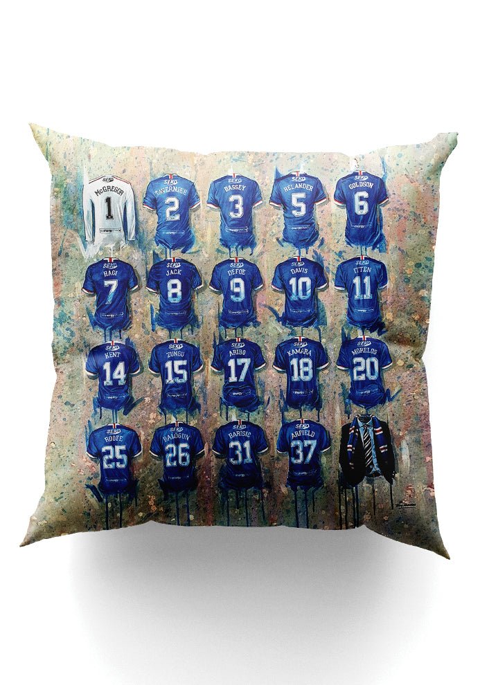 Rangers Shirts - A Champions Collection Cushion - Terry Kneeshaw Art