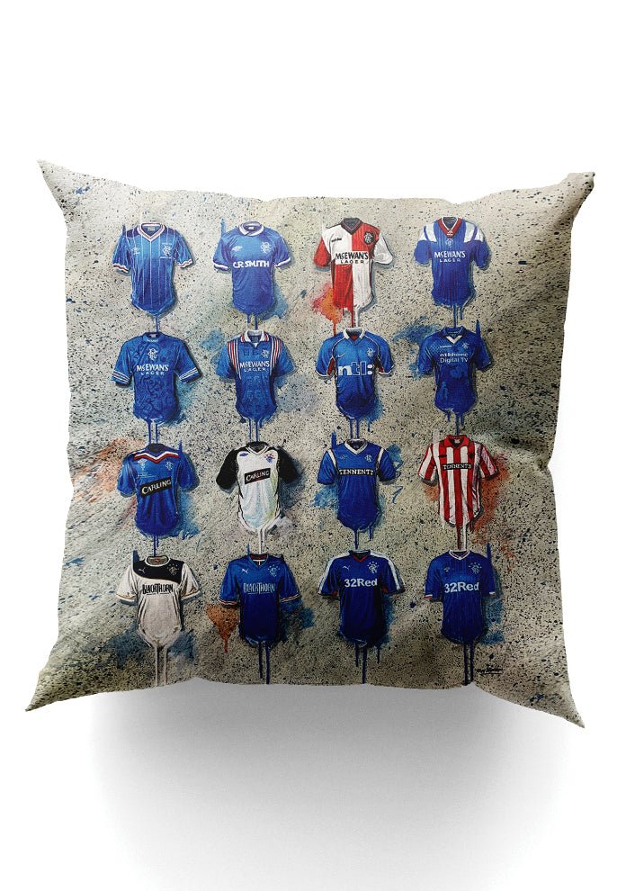 Rangers Shirts - A Teddybears Collection Cushion - Terry Kneeshaw Art