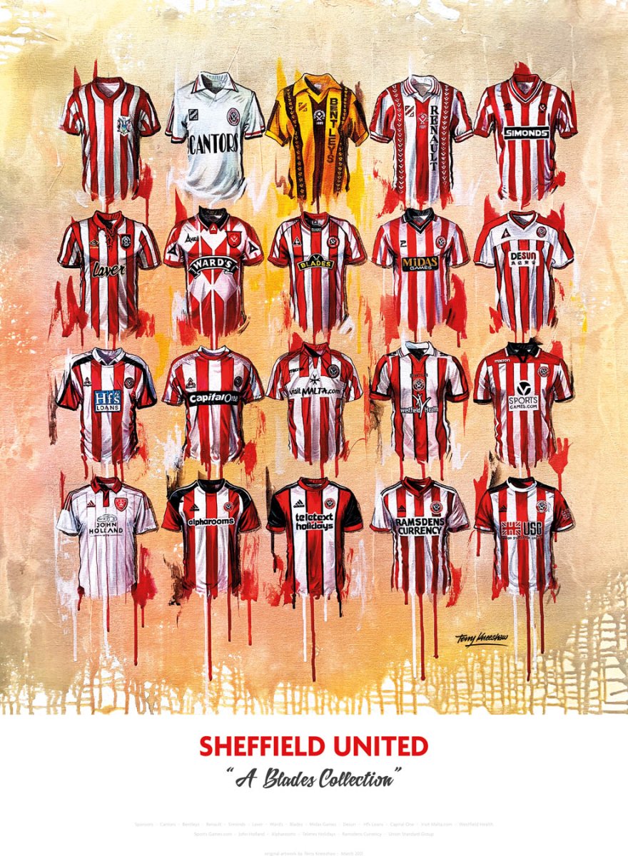 Sheffield United FC Shirts - A2 Signed Limited Edition Prints - Terry Kneeshaw Art