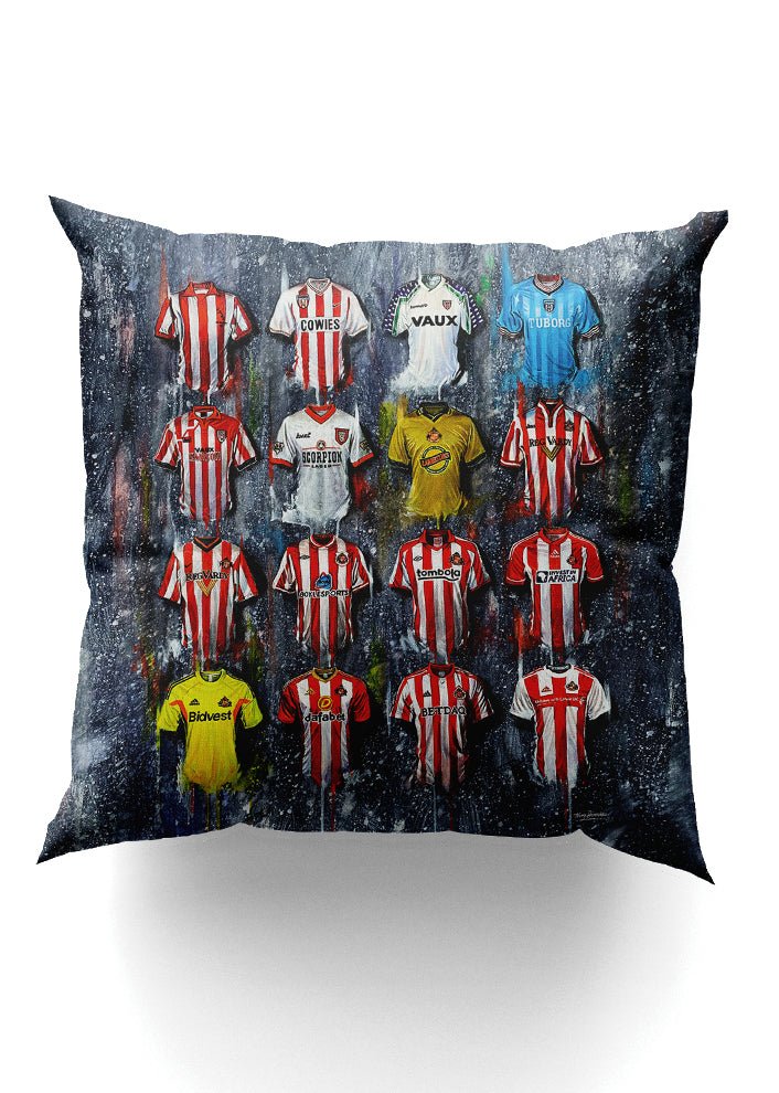 Sunderland Shirts - A Black Cats Collection Cushion - Terry Kneeshaw Art