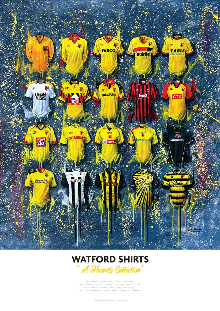 Watford FC Shirts - A2 Signed Limited Edition Prints - Terry Kneeshaw Art