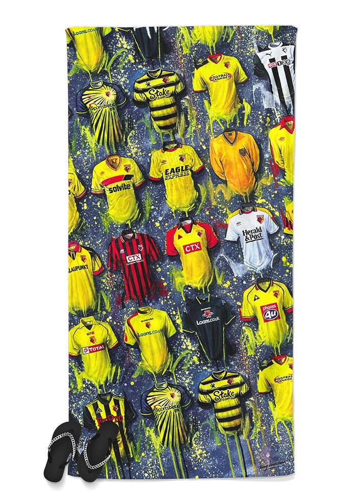 Watford Shirts - A Hornet's Collection Beach Towel - Terry Kneeshaw Art