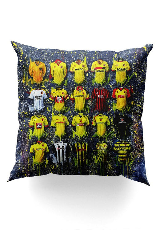 Watford Shirts - A Hornet's Collection Cushion - Terry Kneeshaw Art