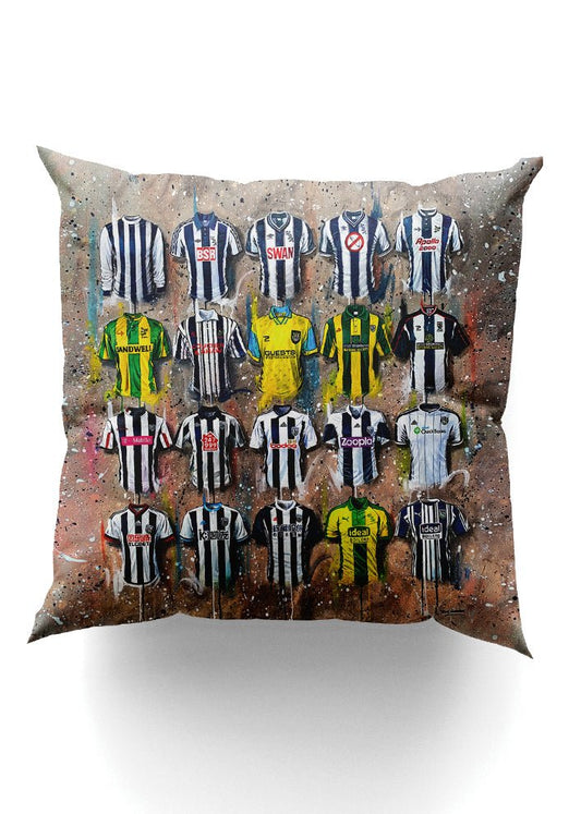 West Brom Shirts - A Baggies Collection Cushion - Terry Kneeshaw Art