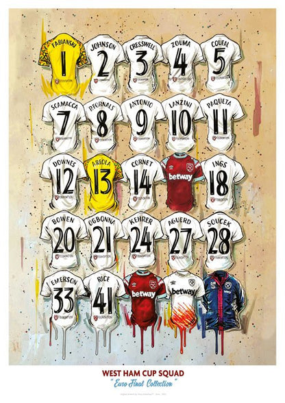 West Ham European Champions Squad Shirts A3 Framed Print - Terry Kneeshaw Art