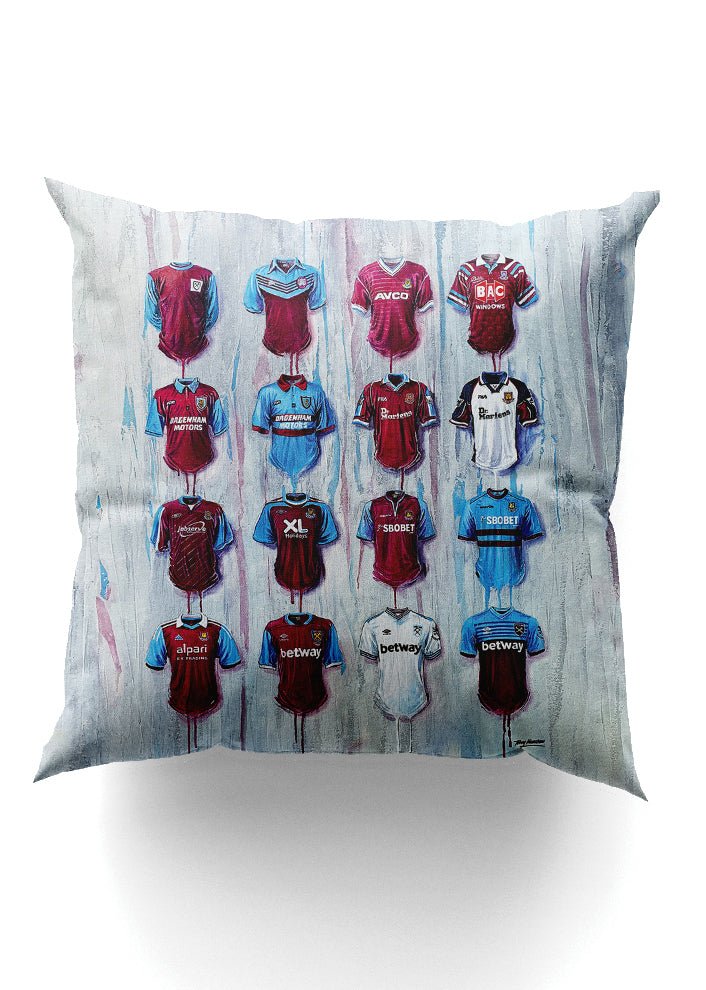 West Ham Shirts - A Hammers Collection Cushion - Terry Kneeshaw Art