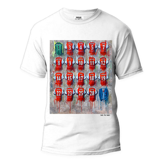 These Arsenal Invincibles T-shirts feature Terry Kneeshaw's unique artwork of the team's iconic 2003/04 season. Each T-shirt is a one-of-a-kind, individually numbered piece, available in sizes XXS to XXXL, with a choice of black or white. The artwork showcases the legendary team, featuring the likes of Thierry Henry, Robert Pires, and Patrick Vieira. These T-shirts celebrate the team's unbeaten Premier League campaign, considered one of the greatest achievements in English football history.