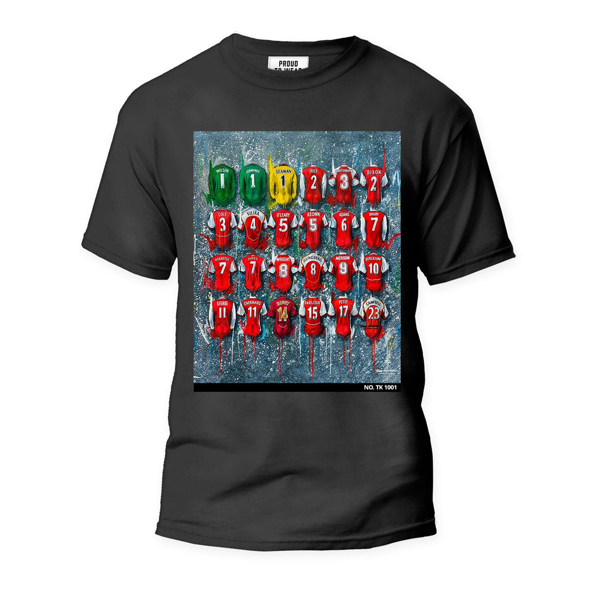 These Arsenal Legends T-shirts feature Terry Kneeshaw's artwork for the team, showcasing iconic players from the club's history. The one-of-a-kind T-shirts are individually numbered and come in sizes from xxs to xxxl. Choose between a black or white T-shirt to match your style. These unique T-shirts are a must-have for any Arsenal fan or football memorabilia collector, and the high-quality artwork captures the team's rich history in style.