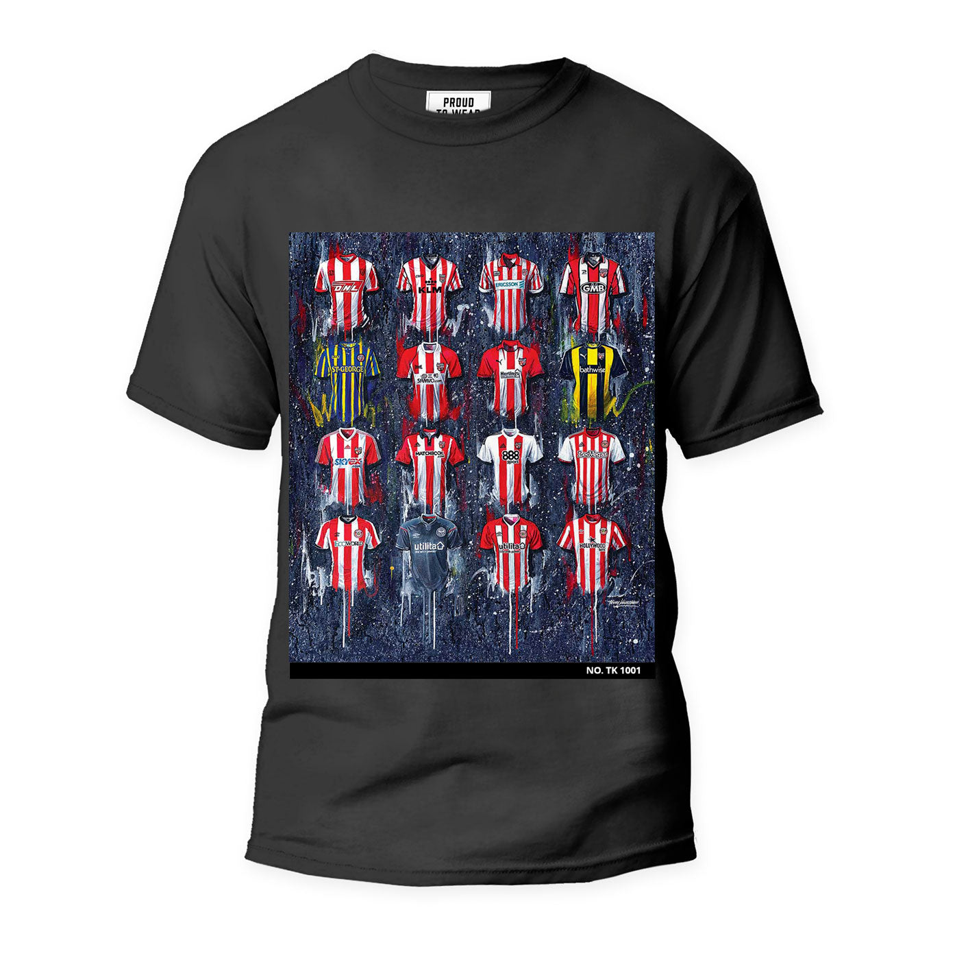 These Brentford T-shirts are one-of-a-kind and individually numbered, featuring Terry Kneeshaw's artwork for the team. They are available in sizes xxs - xxxl and come in a choice of black or white T-shirt. These limited edition prints showcase the history and achievements of Brentford FC in a unique and stylish way, making them a must-have for any fan. Get yours today and show your support for the Bees in a truly special way!