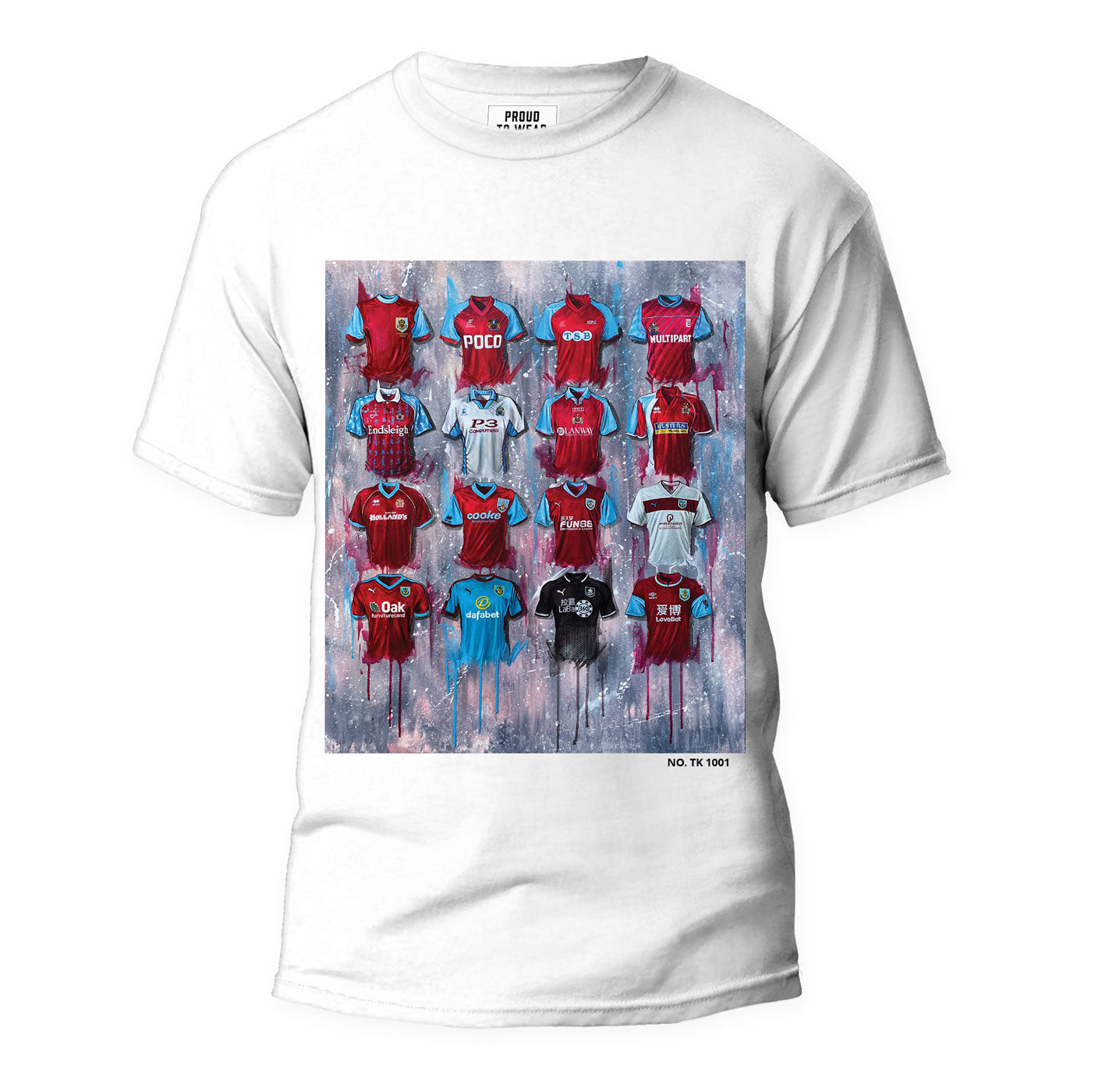 These one-of-a-kind Burnley T-shirts from artist Terry Kneeshaw showcase his unique artwork of the team, and each T-shirt is individually numbered for exclusivity. The T-shirts come in a range of sizes from xxs to xxxl and are available in black or white. Made with high-quality materials, they are comfortable and stylish, perfect for any Burnley fan looking to show off their team spirit in a distinctive way.