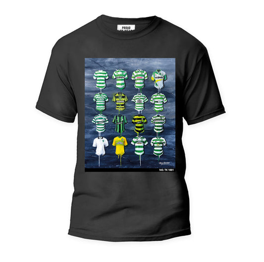 These limited edition personalized Celtic t-shirts by Terry Kneeshaw showcase his artwork for the famous team. Each t-shirt is individually numbered and available in black or white, with sizes ranging from xxs to xxxl. The intricate artwork captures the essence of the team and its history, making these t-shirts a must-have for any true Celtic fan. Whether for casual wear or game day, these t-shirts will show off your love and support for the legendary Scottish club.