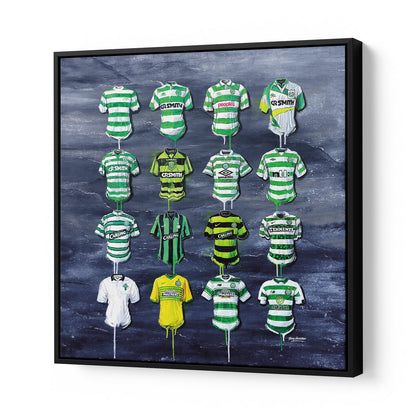 Celtic Canvases by Terry Kneeshaw come in various sizes, including 20x20, 30x30, and 40x40. Each canvas is available in either a framed or unframed black floating frame. The artwork features a captivating abstract composition with bold colors and textures that pay tribute to the legendary Celtic team. Perfect for any Celtic fan or football enthusiast, these canvases are a great addition to any room and are sure to impress with their unique style and energy.