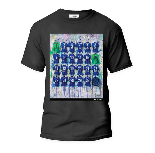 These one-off Chelsea Champions T-shirts are individually numbered and feature unique artwork from Terry Kneeshaw. The T-shirts are available in sizes xxs-xxxl and come in a choice of black or white. The artwork on the shirts celebrates Chelsea's championship wins and features iconic images and symbols of the club's success. These T-shirts are perfect for any Chelsea fan looking to show their support for the team and commemorate their historic achievements.