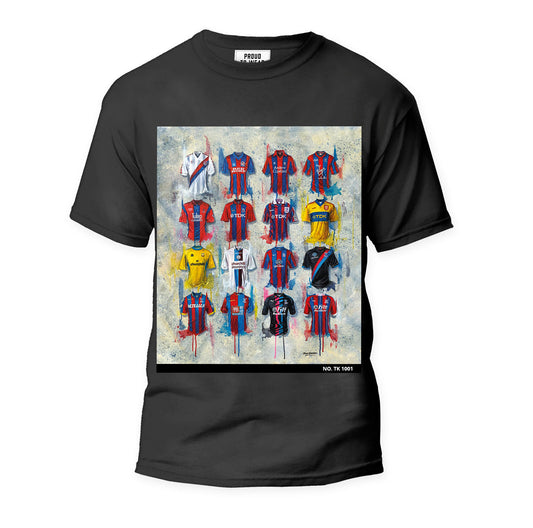 These Crystal Palace T-shirts by Terry Kneeshaw feature his unique artwork for the team and come as one-of-a-kind, individually numbered shirts. Available in sizes XXS-XXXL, customers can choose between a black or white t-shirt. The artwork on the t-shirt depicts the iconic Crystal Palace team crest and logo, making it a must-have item for any Crystal Palace fan. These limited edition T-shirts offer a unique way to show support for the Eagles.